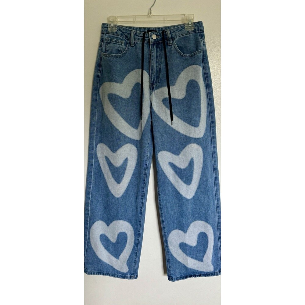 SHEIN High Waist Wide Leg Graffiti Heart Denim Blue Jeans Size 6